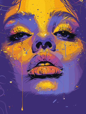 Woman's face with a purple background. The woman has a yellowish tint to her faceのイラスト素材