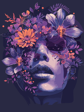 Woman's face is painted with flowers and leaves. The painting is in a purple and blue color schemeのイラスト素材