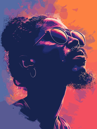 Man with a beard and sunglasses is the main subject of the image. The man is wearing a black shirt and sunglasses, and he is looking up at the camera. The image has a bold and vibrant color schemeのイラスト素材