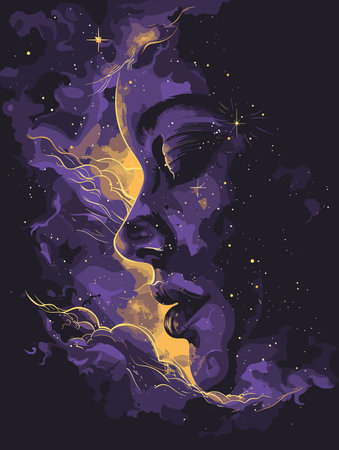 Woman's face is shown in a purple and yellow color scheme, with stars and clouds in the background. The image has a dreamy, ethereal quality to it, as if the woman is floating in spaceのイラスト素材