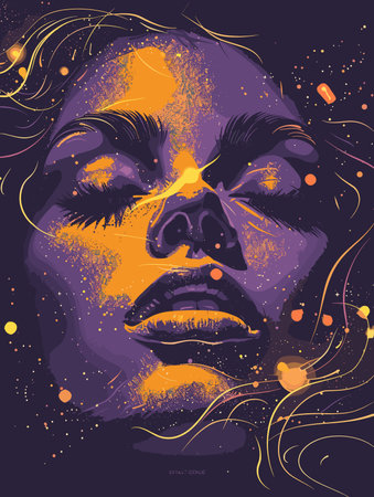 Woman's face is shown in a purple and orange color scheme. The image has a dreamy, ethereal quality...
