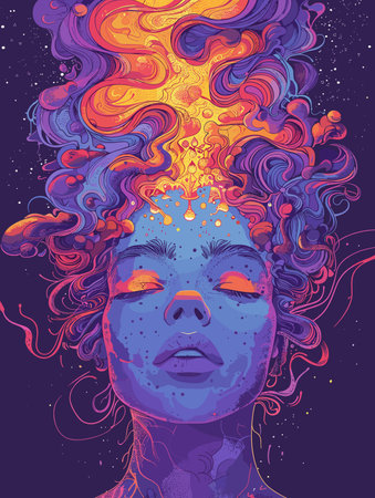 Woman with a purple background and a blue head. The woman is looking at the cameraのイラスト素材