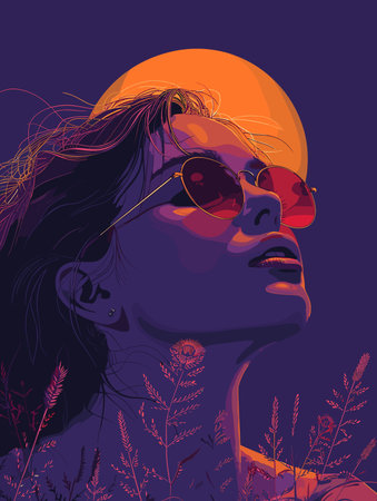 Woman with sunglasses on her face is looking up at the moon. The image has a dreamy, ethereal...