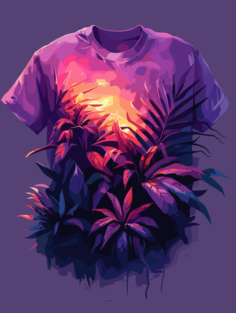 Shirt with a tropical forest on it. The shirt is purple and has a yellow sun in the middleのイラスト素材