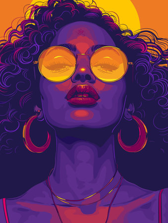 Woman with purple hair and red lips is wearing sunglasses. The image is a colorful and vibrant representation of a woman with a bold and confident personalityのイラスト素材