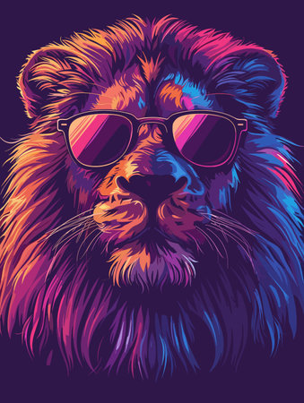 Colorful lion with sunglasses on its face. The lion is wearing sunglasses and has a colorful mane. The image has a fun and playful moodのイラスト素材