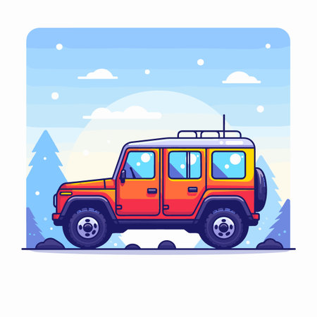 Off-road vehicle in winter landscape. Vector illustration in flat styleのイラスト素材