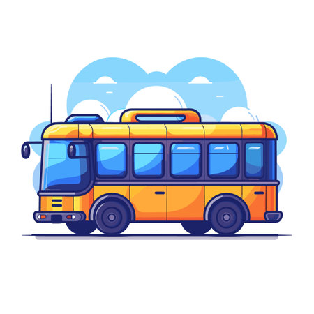 Yellow bus on a background of blue sky and clouds. Vector illustration.