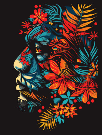 Colorful painting of a woman's face with flowers and leaves. The painting has a vibrant and lively...
