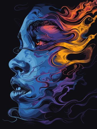 Woman's face is painted with bright colors and smoke. The painting is abstract and has a dreamy,...