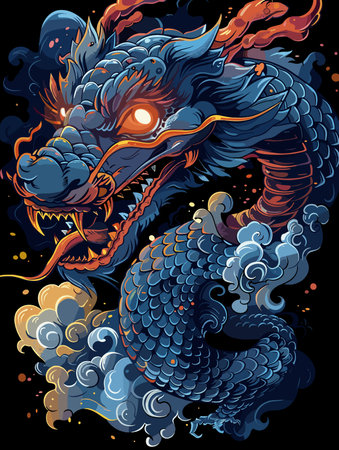 Blue dragon with red eyes and yellow teeth. The dragon is surrounded by clouds and fire. Scene is intense and powerfulのイラスト素材