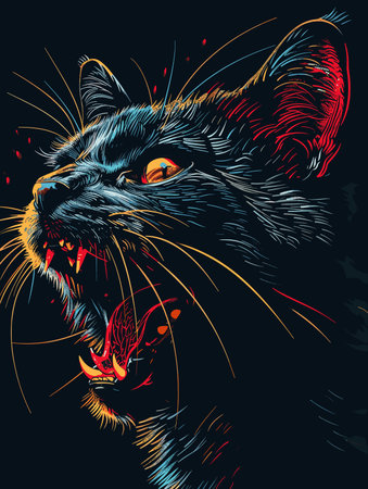 Cat with its mouth open and teeth bared, with a red and yellow background. The cat appears to be angry or aggressiveのイラスト素材