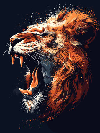 Lion with its mouth open and teeth bared. The lion is in a painting and he is angryのイラスト素材
