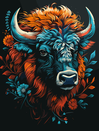 Colorful bull with a flowery design on its face. The bull is depicted in a black and white backgroundのイラスト素材