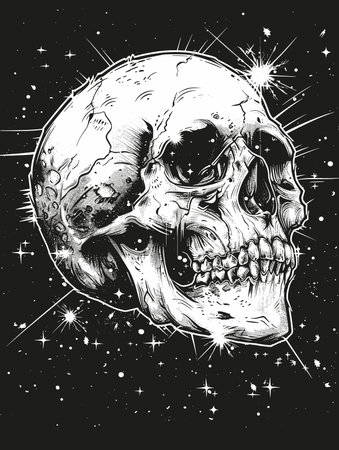 Hand drawn illustration of human skull with moon and stars on the background.のイラスト素材