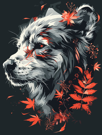 Hand drawn vector illustration of a dog and autumn leaves on a black background.のイラスト素材