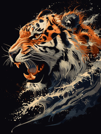 tiger head on a black background with grunge elements, vector illustrationのイラスト素材