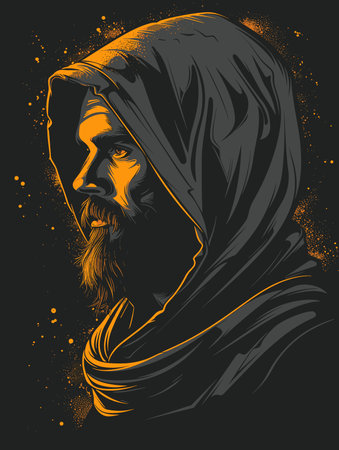Vector illustration of a bearded man in a hood on a black background.のイラスト素材