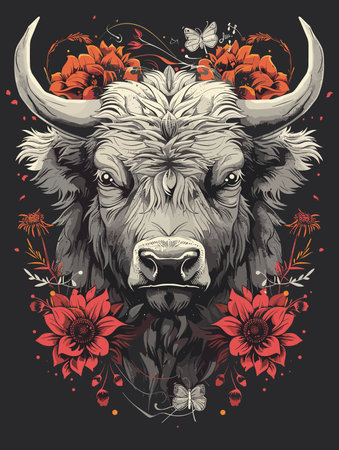 Vector illustration of buffalo head with flowers. Wild bison head.のイラスト素材