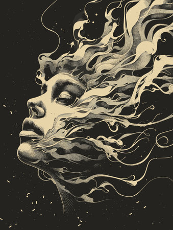 Vector hand drawn illustration of a female face with hair in the wind.のイラスト素材