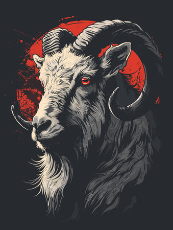 Vector illustration of a goat head with horns on a black background.のイラスト素材