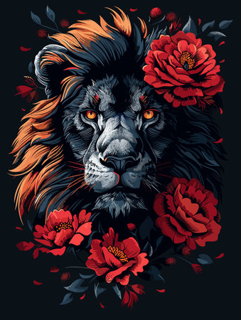 Lion head with peony flowers. Hand drawn vector illustration.のイラスト素材