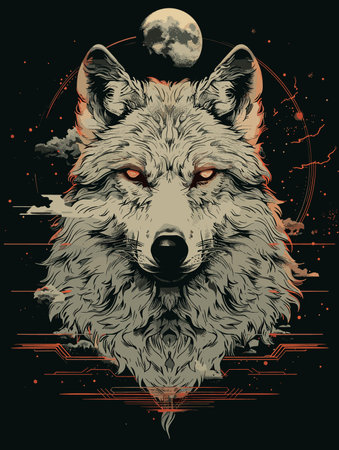 Vector illustration of wolf head with moon in the background. Design for t-shirt.