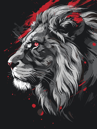 Lion head vector illustration. Hand drawn black and white lion head with red eyes.のイラスト素材