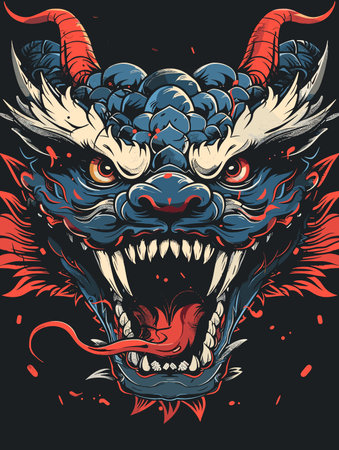 Dragon head vector illustration for tattoo or t-shirt design on black backgroundのイラスト素材