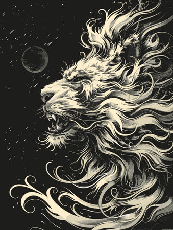 Lion in the moonlight. Hand drawn sketch. Vector illustration.のイラスト素材