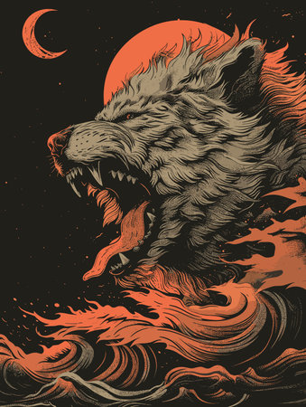 Wolf in the moonlight. Vector hand drawn illustration for tattoo or t-shirt.のイラスト素材