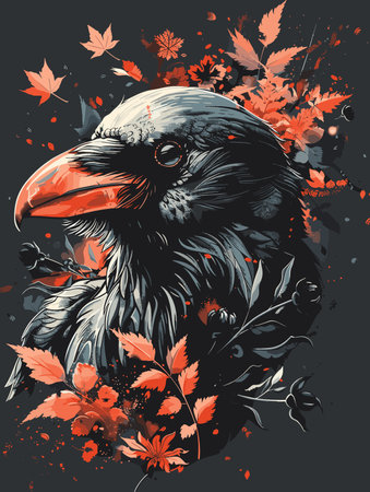 Hand drawn vector illustration of a raven and autumn leaves on a black background.のイラスト素材
