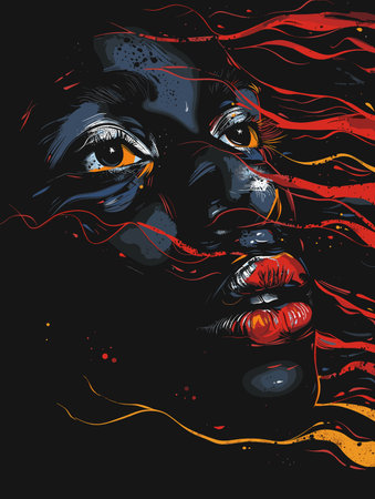 Vector illustration of a woman's face on a dark background with colorful lines.のイラスト素材