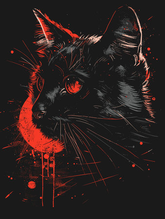 Cat head vector illustration. Hand drawn cat portrait on black background.のイラスト素材