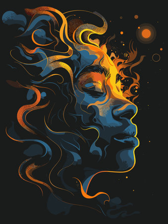 Vector illustration of a woman's face with abstract smoke and fire.のイラスト素材
