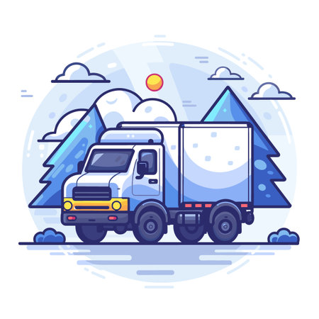 Truck with snow on the road. Flat style vector illustration.のイラスト素材