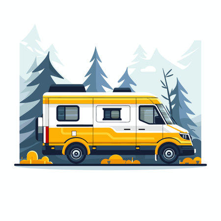 Camping trailer in the mountains. Vector illustration in flat style.のイラスト素材