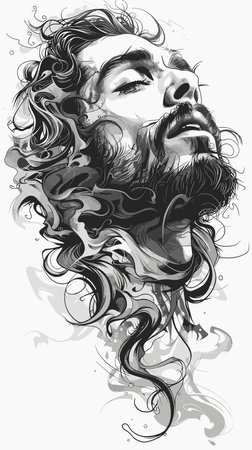 Hand drawn artistic sketch of a bearded face looking upward with flowing hair design. Black and white ink illustration.のイラスト素材
