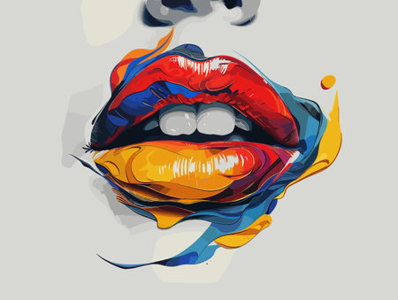 Artistic illustration of lips with bright makeup in red, blue and yellow colors. Vector illustration for designのイラスト素材