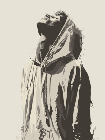 Figure in a raincoat. Vector illustration. Black and white.のイラスト素材