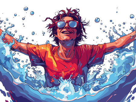 Vector illustration of a man in a red T-shirt swimming in the sea.のイラスト素材