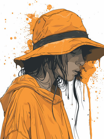 Vector illustration of a girl in a hat and raincoat with blotsのイラスト素材