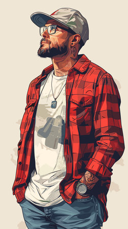 Vector illustration of person wearing red plaid shirt, white t-shirt, baseball cap and glassesのイラスト素材