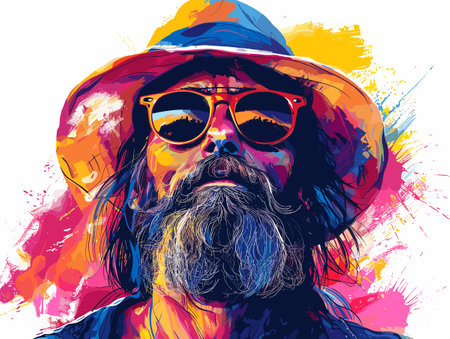 Hipster man with long beard, mustache and sunglasses. Vector illustration.のイラスト素材