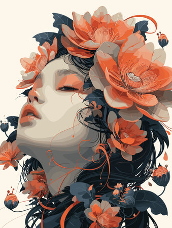 Artistic illustration featuring coral-colored flowers with navy blue leaves in a decorative composition. Vector illustration.のイラスト素材