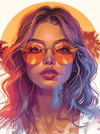 Portrait in sunglasses with vibrant sunset colors. Vector illustration.のイラスト素材