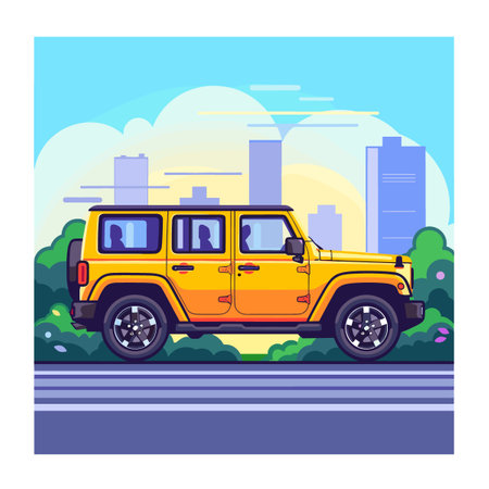 Yellow off-road vehicle on the road. Flat vector illustration.のイラスト素材