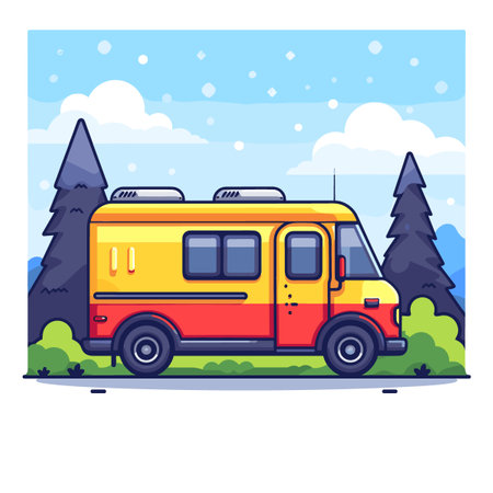 Camping trailer in the forest. Vector illustration in flat style.のイラスト素材