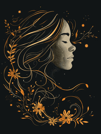 Beautiful woman face with floral ornament on black background. Vector illustration.のイラスト素材