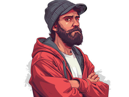 Hipster man in red jacket and hat. Vector illustration.のイラスト素材